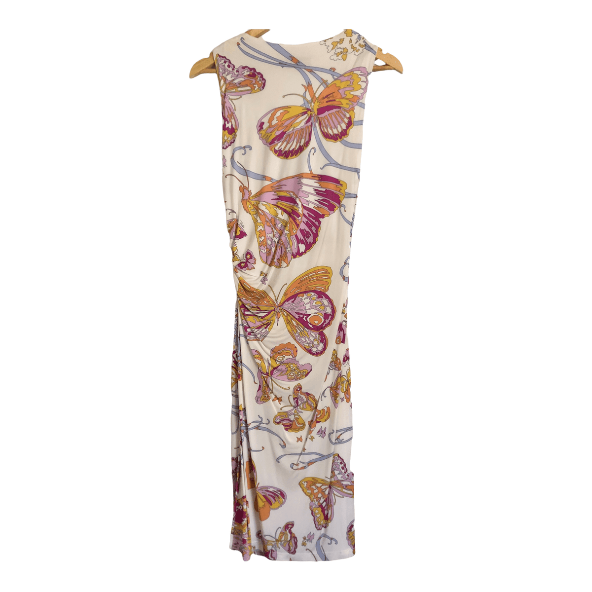 Emilio Pucci 100% Viscose Sleeveless Designer Midi Dress White Pink Multi Butterfly Print UK Size 12 - Ava & Iva