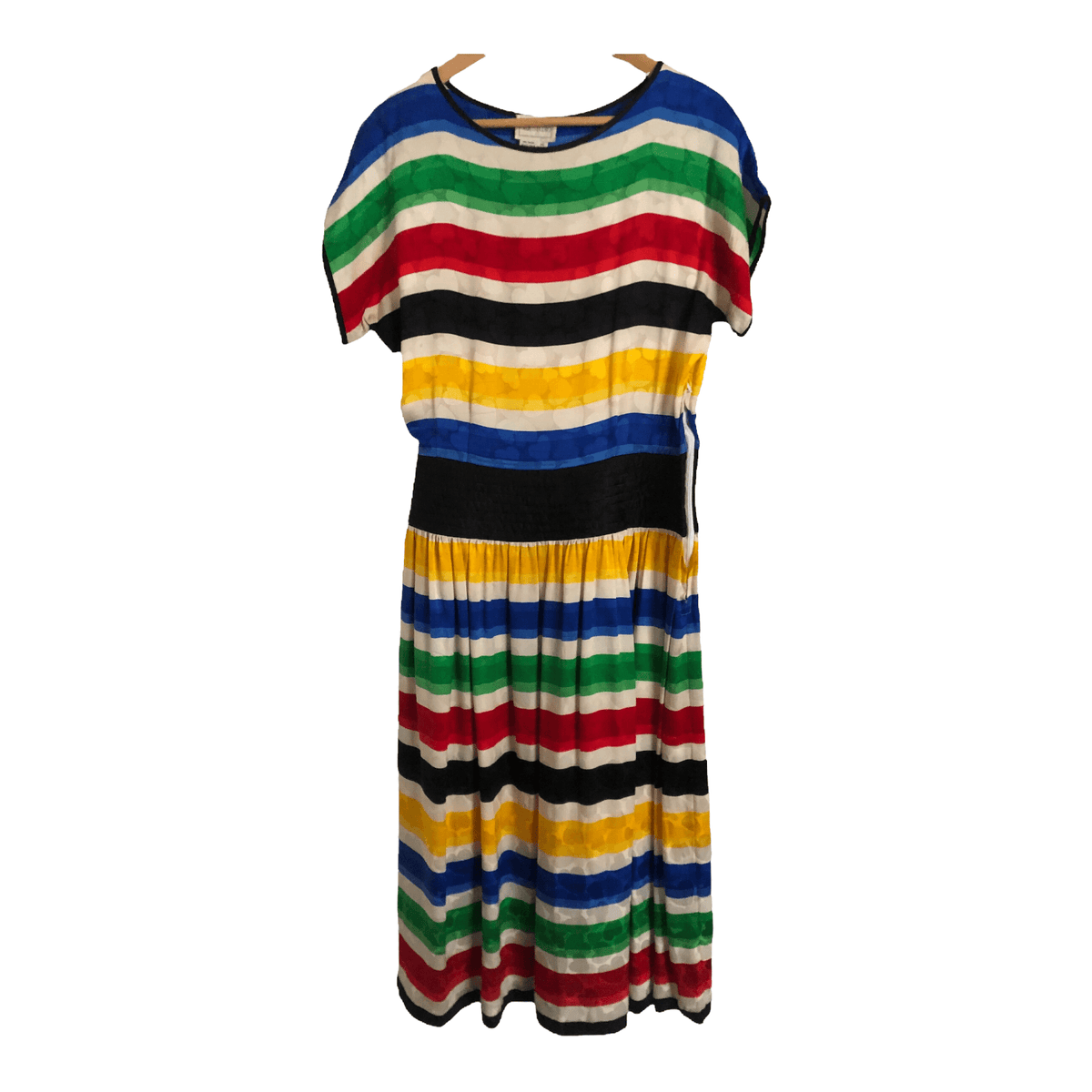 Silk Studio Vintage 100% Silk Cap Sleeve Maxi Dress Red Blue Multi Striped Heart Print UK Size 10 - Ava & Iva