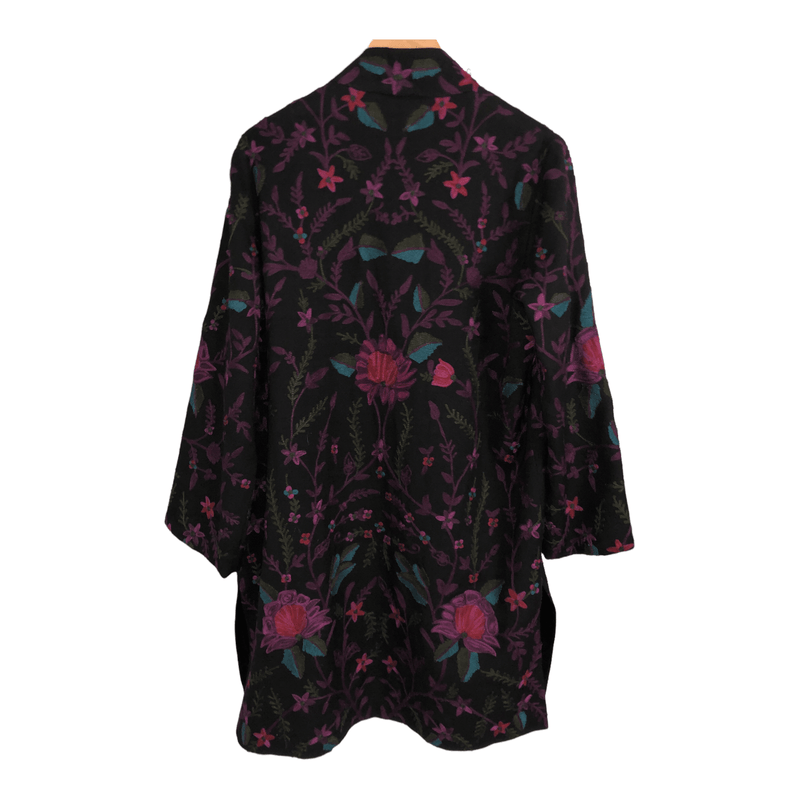 East 100% Wool Long Sleeve Open Front Embroidered Jacket Black Multi Size S/M - Ava & Iva
