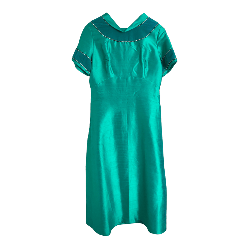 BYROTER London Vintage Silk Velvet Short Sleeve Evening Gown Maxi Dress Green Diamante S-M UK Size 10-12 - Ava & Iva