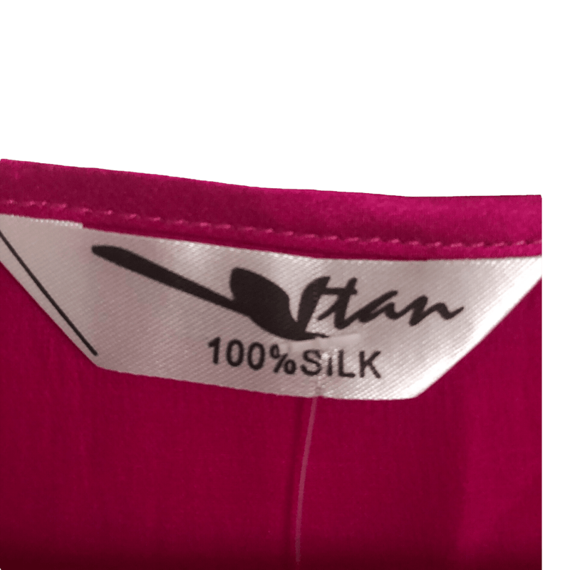 Tan 100% Silk Cap Sleeve Belted Shift Dress Pink Japenese Block Print UK Size 16 - Ava & Iva