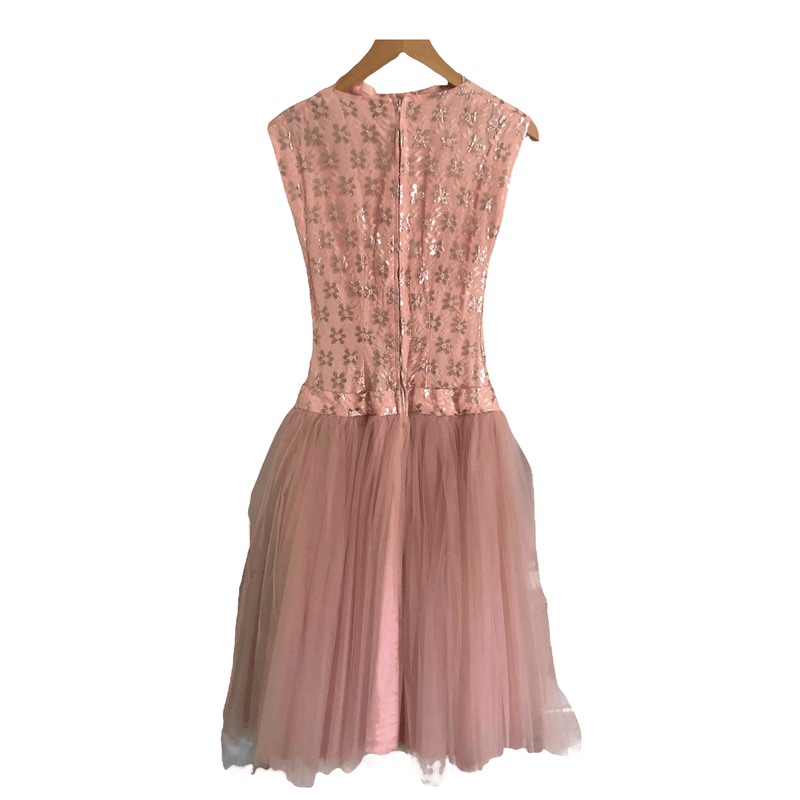 Vintage Sleeveless Tulle Net Cocktail Dress Pink Metallic Silver Floral Print UK Size 6 - Ava & Iva