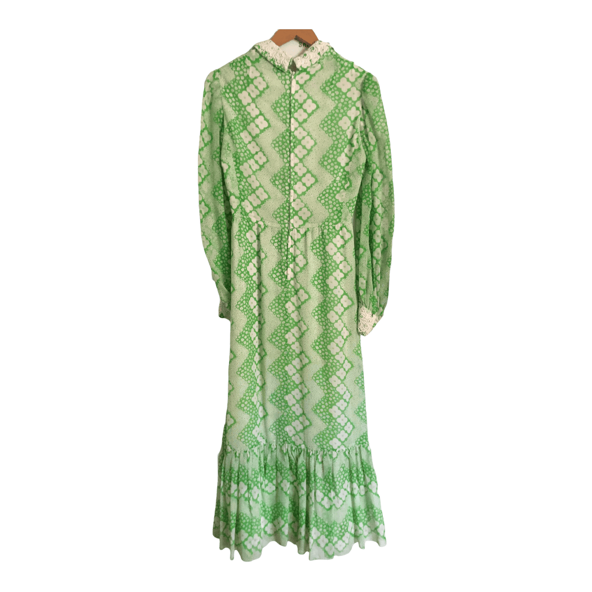 Susan Small Vintage Cotton Long Sleeve Maxi Shirt Dress Lime Green w/ White Lace Floral Print UK Size 10-12 - Ava & Iva