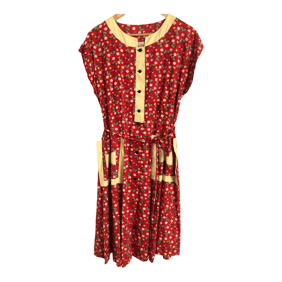 Cotton City Vintage 100% Cotton Short Cap Sleeve Belted Tea Dress Red Multi Floral Print UK Size 16-18 - Ava & Iva