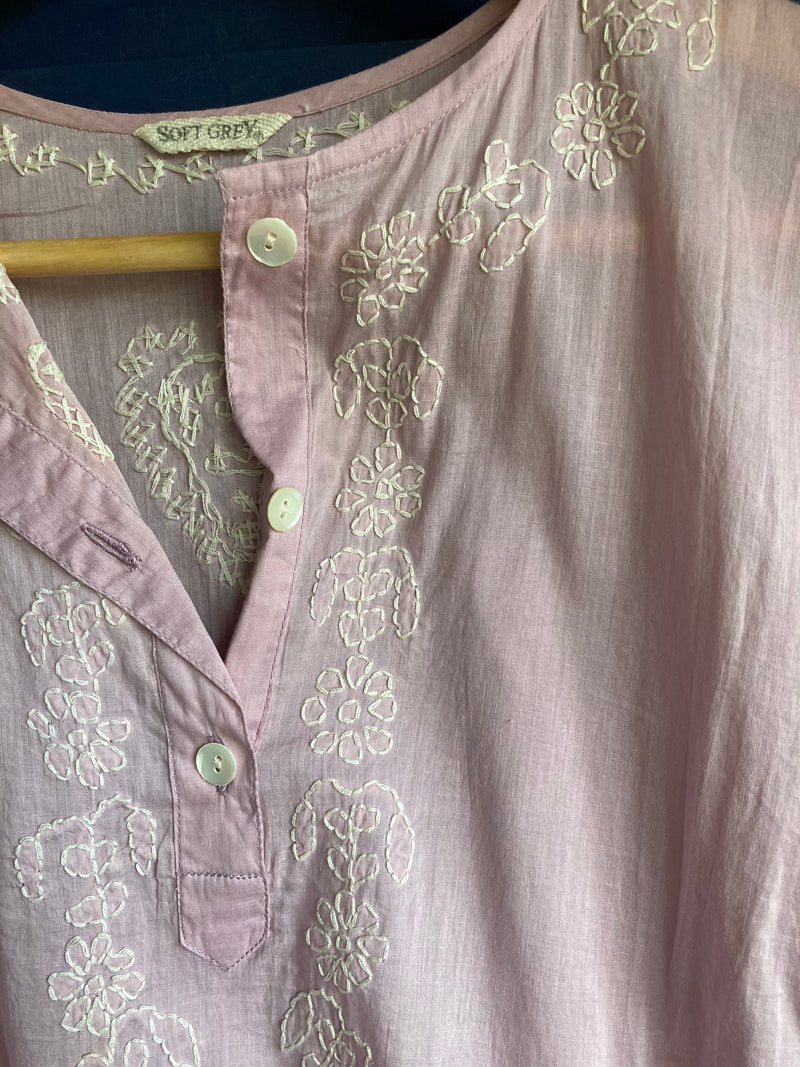 Soft Grey Cotton Pink Embroidered Beach Cover Up Style 3/4 Sleeved Dress UK Size 12 - Ava & Iva