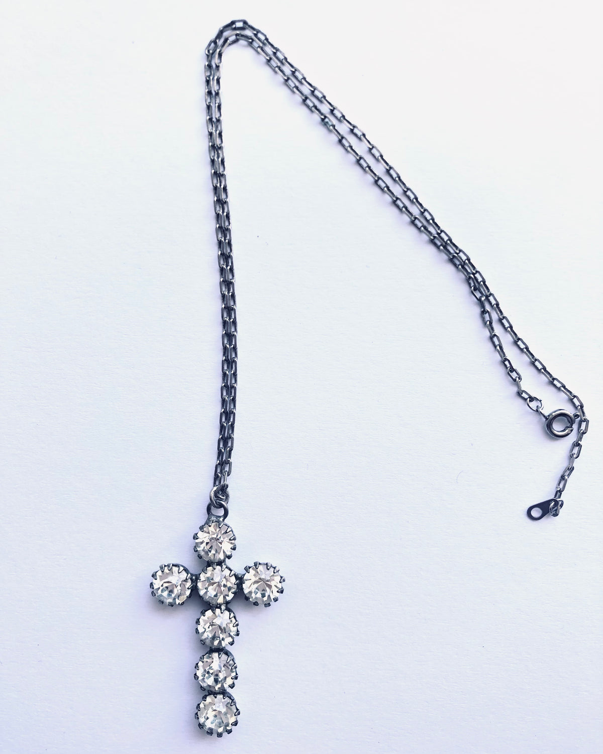 Vintage Chrome Silver Tone Chain Necklace w/ Diamante Cut Zirconia Stone Cross Pendant - Ava & Iva