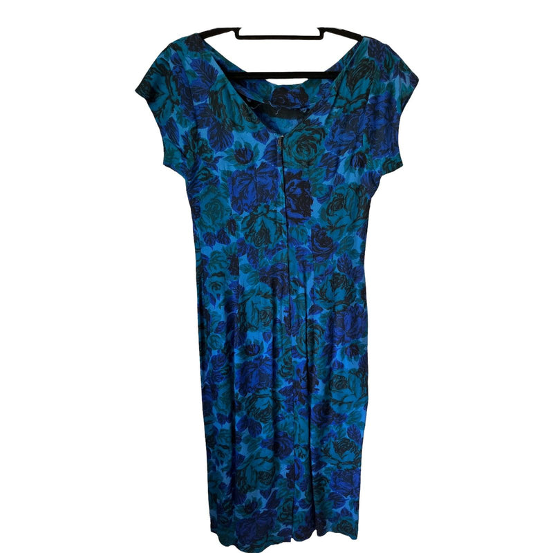 Vintage Blue Floral Capped Sleeved Long Line Dress UK Size 8 - Ava & Iva