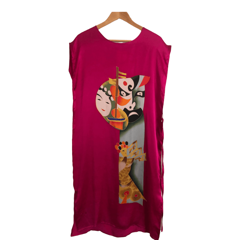 Tan 100% Silk Cap Sleeve Belted Shift Dress Pink Japenese Block Print UK Size 16 - Ava & Iva
