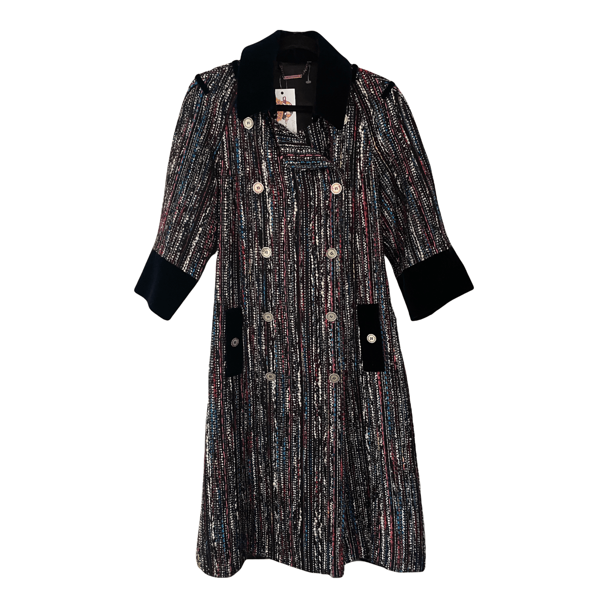 Matthew Williamson Multicolour Boulce Style Coat with Blue Velvet Detail UK 14 - Ava & Iva