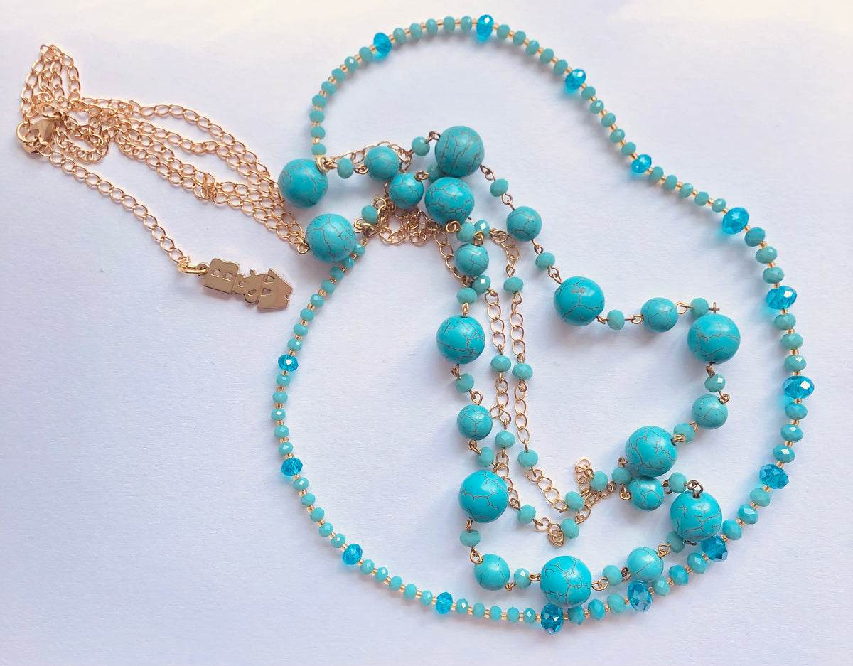 Butler and Wilson London Designer Turquoise and Aqua Blue Bead Three Strand Necklace - Ava & Iva