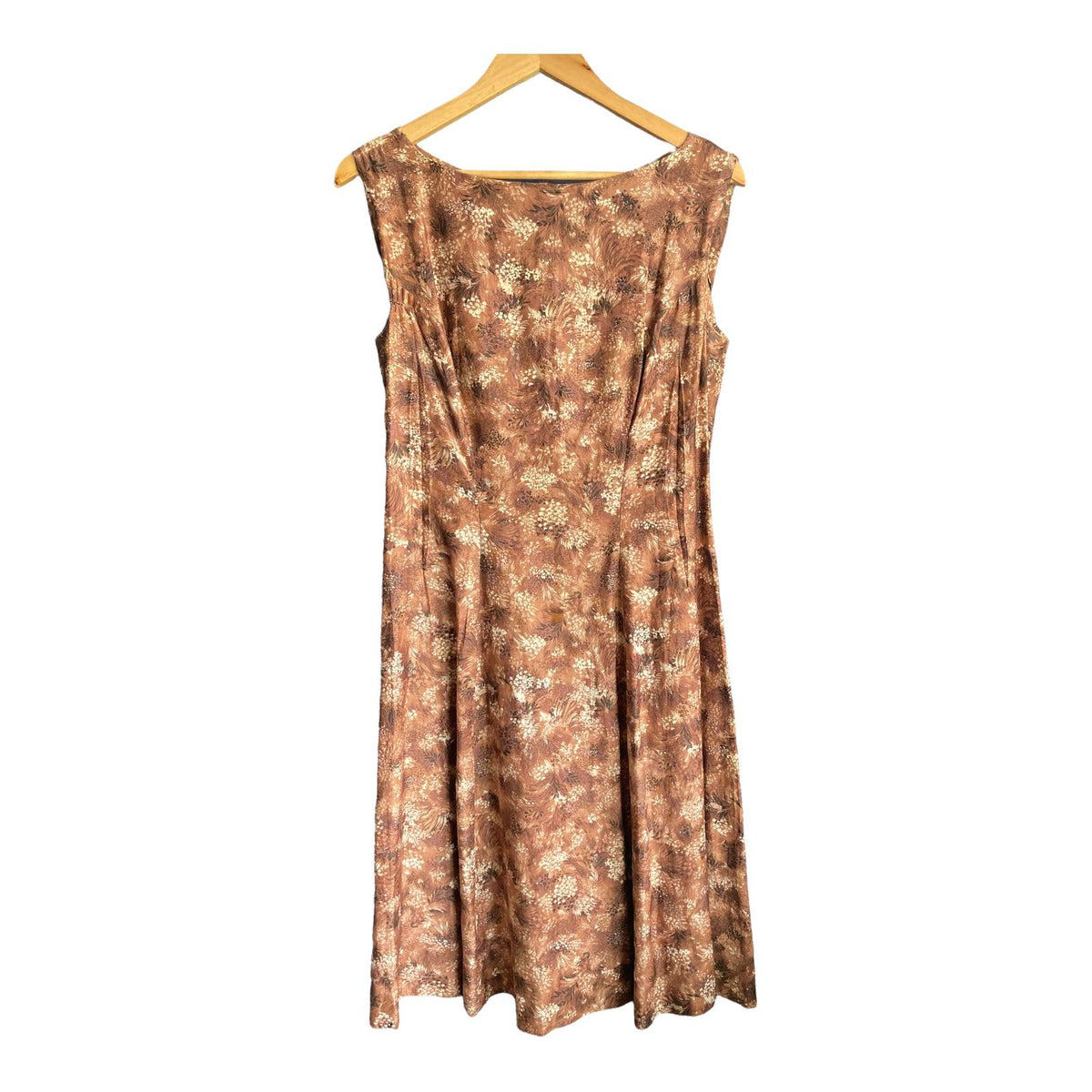 Vintage Cotton Brown And Cream Patterned Sleeveless Dress UK Size 12 - Ava & Iva