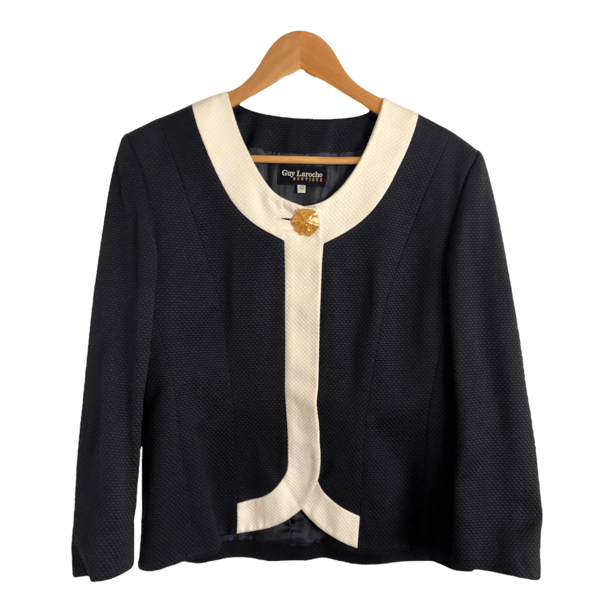 Guy Laroche Boutique Vintage 100% Cotton 7/8 Sleeve Day Evening Jacket Navy Blue White UK Size 14 - Ava & Iva