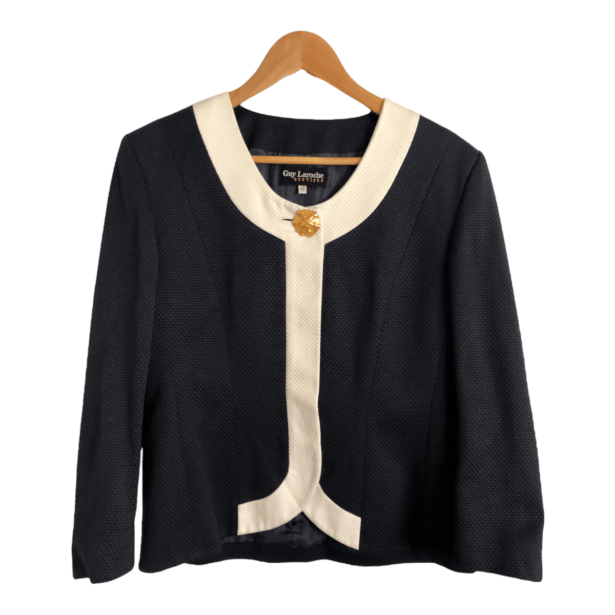 Guy Laroche Boutique Vintage 100% Cotton 7/8 Sleeve Day Evening Jacket Navy Blue White UK Size 14 - Ava & Iva