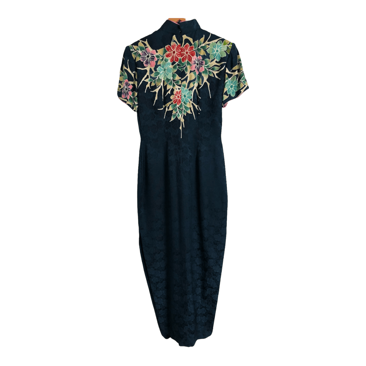 ETHO Malaysian Batik Vintage Silk Short Sleeve Evening Gown Maxi Dress Navy Blue Multi UK Size 12-14 - Ava & Iva