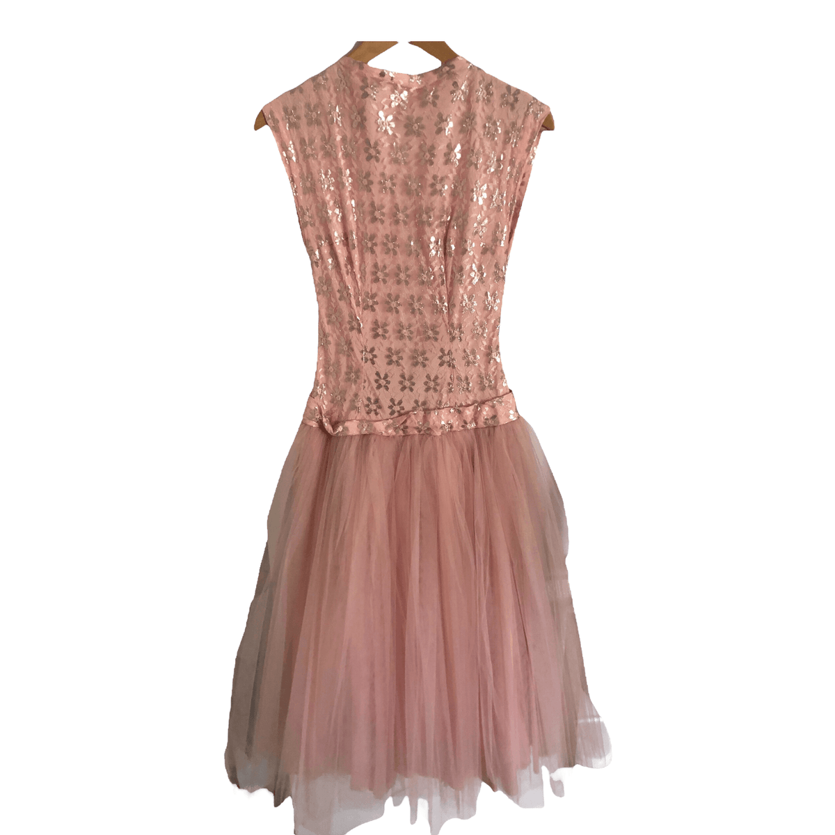 Vintage Sleeveless Tulle Net Cocktail Dress Pink Metallic Silver Floral Print UK Size 6 - Ava & Iva