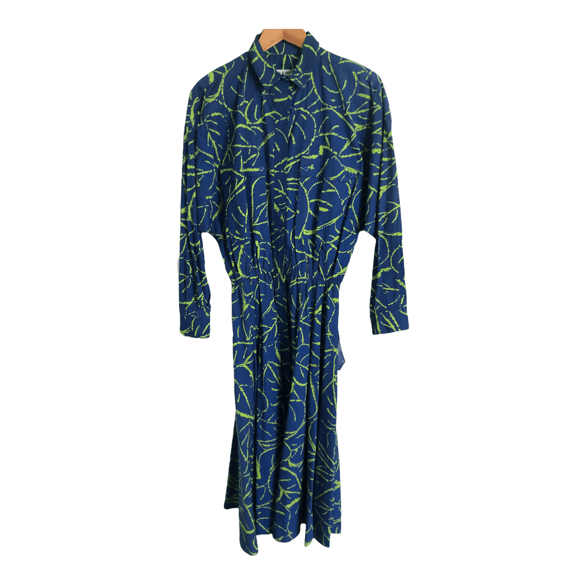 Vintage Jacquelyn & Grace 100% Cotton Long Sleeve Belted Shirt Maxi Dress Electric Blue Acid Green Block Print UK Size 8-10 - Ava & Iva