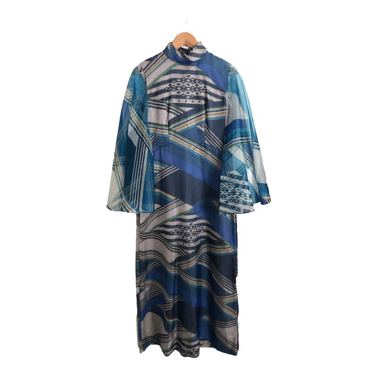 Vintage Unbranded Silk Chiffon Long Sleeve Maxi Tunic Dress Blue Multi Geometric Print UK Size 14 - Ava & Iva