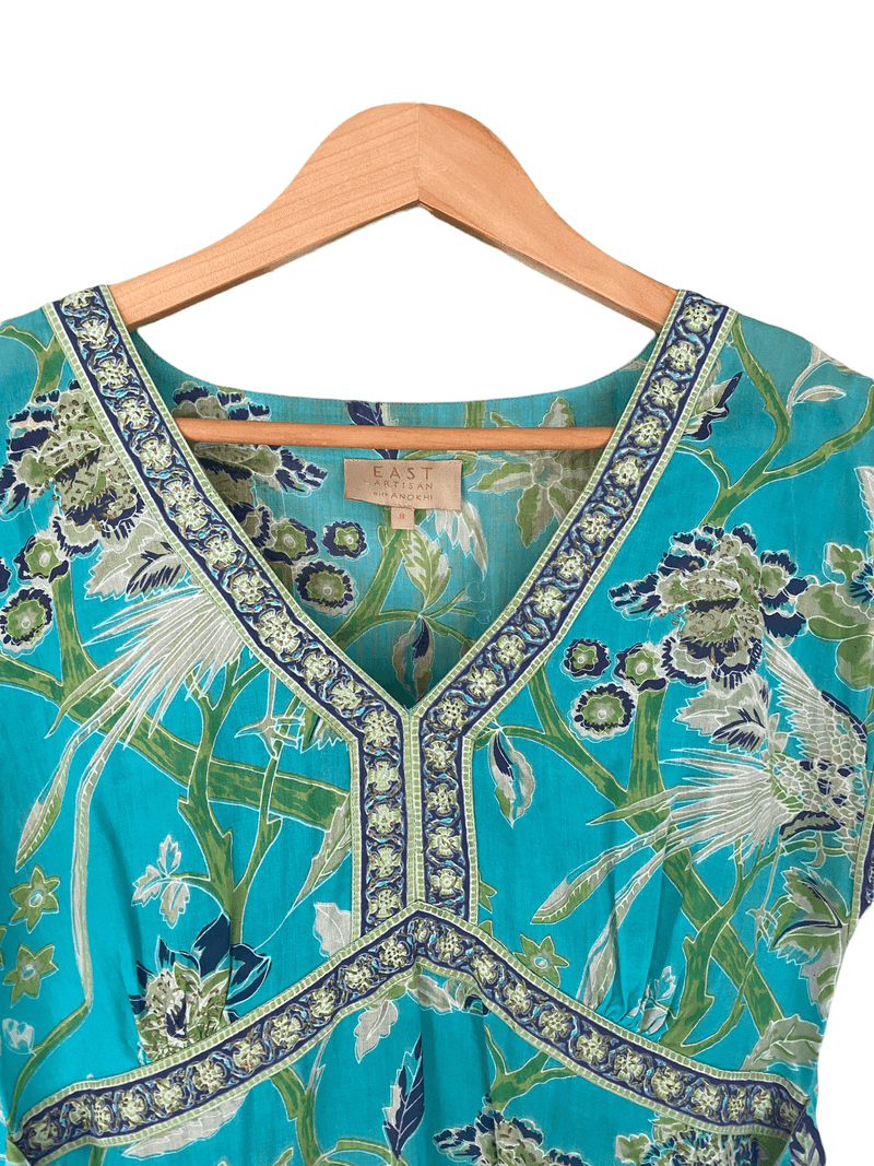 East Artisan with Anokhi 100% Cotton Cap Sleeve Dress Blue and Green Print UK Size 8 - Ava & Iva