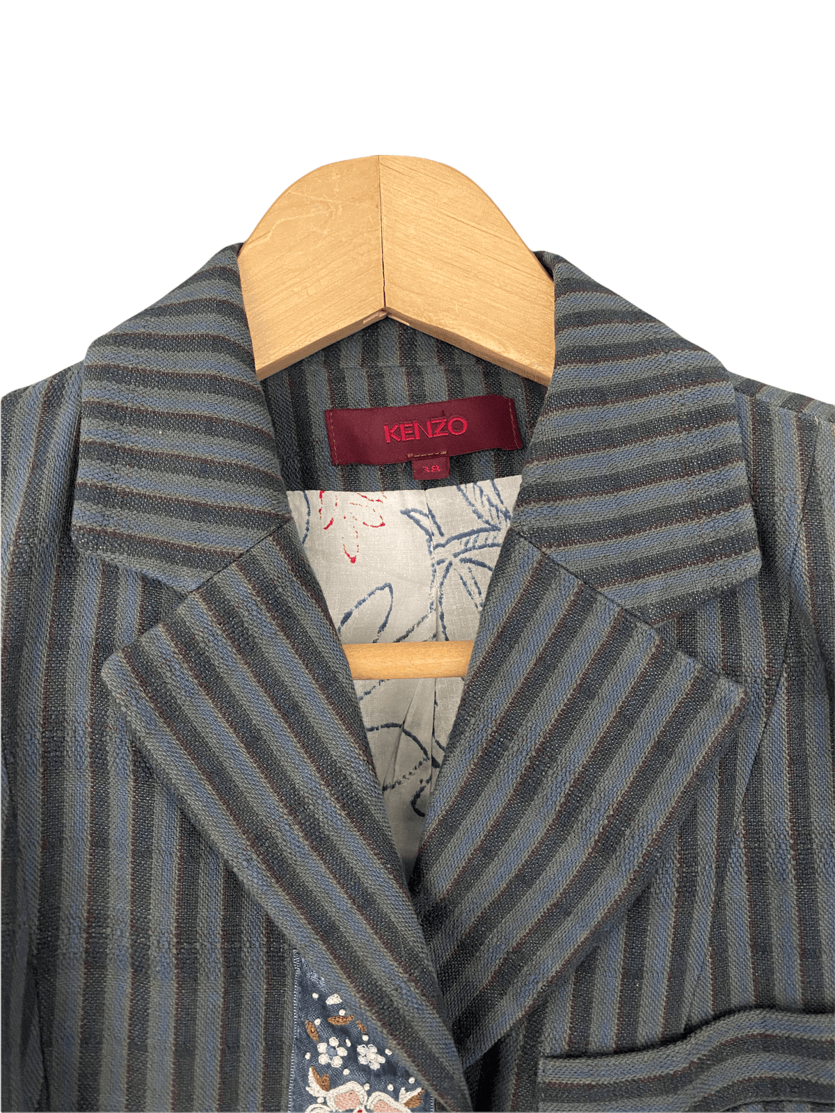 Kenzo Cotton Linen Mix Jacket Grey Blue Stripes with Floral Detail.  FR38 UK Size 8 - Ava & Iva