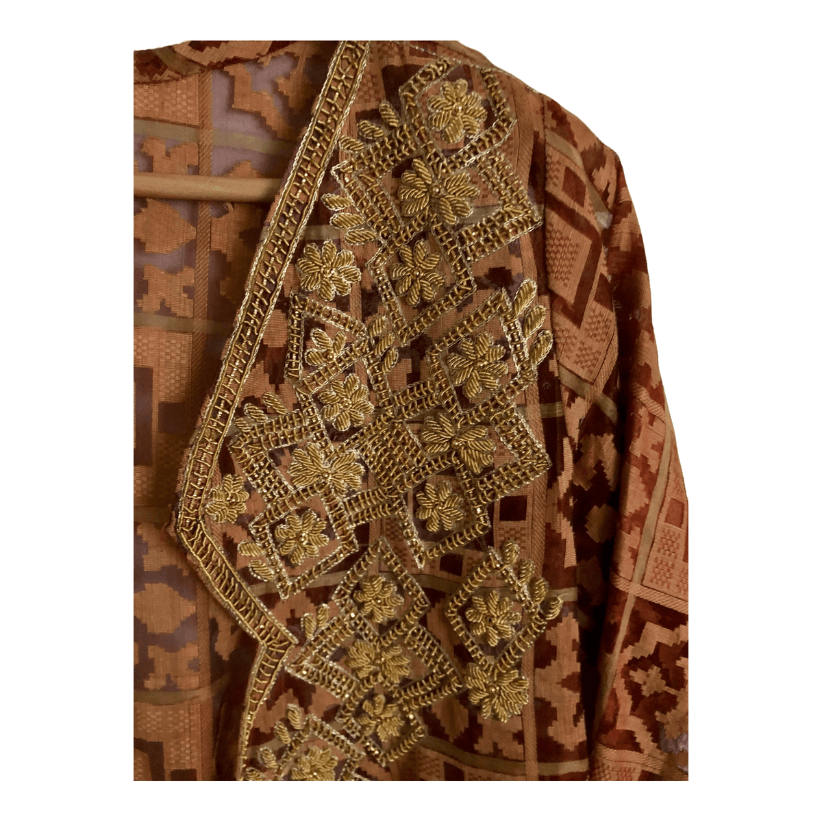 Unbranded Half Sleeve Embroidered Embellished Longline Evening Wedding Coat Coatigan Jacket Amber Brown Geometric Print UK Size 12-14 - Ava & Iva
