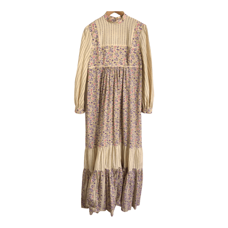 Unbranded Vintage Cotton Long Sleeve Maxi Dress Cream Purple Multi Floral Print UK Size 10-12 - Ava & Iva