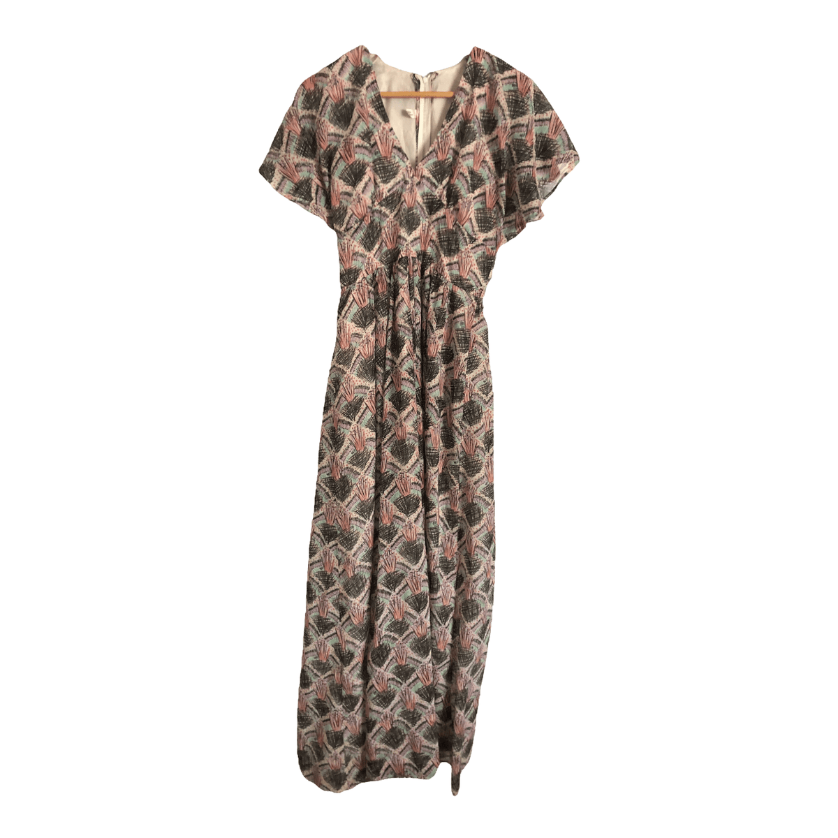 Unbranded Vintage Short Flutter Sleeve Maxi Dress Pink Multi Block Print UK Size 8-10 - Ava & Iva