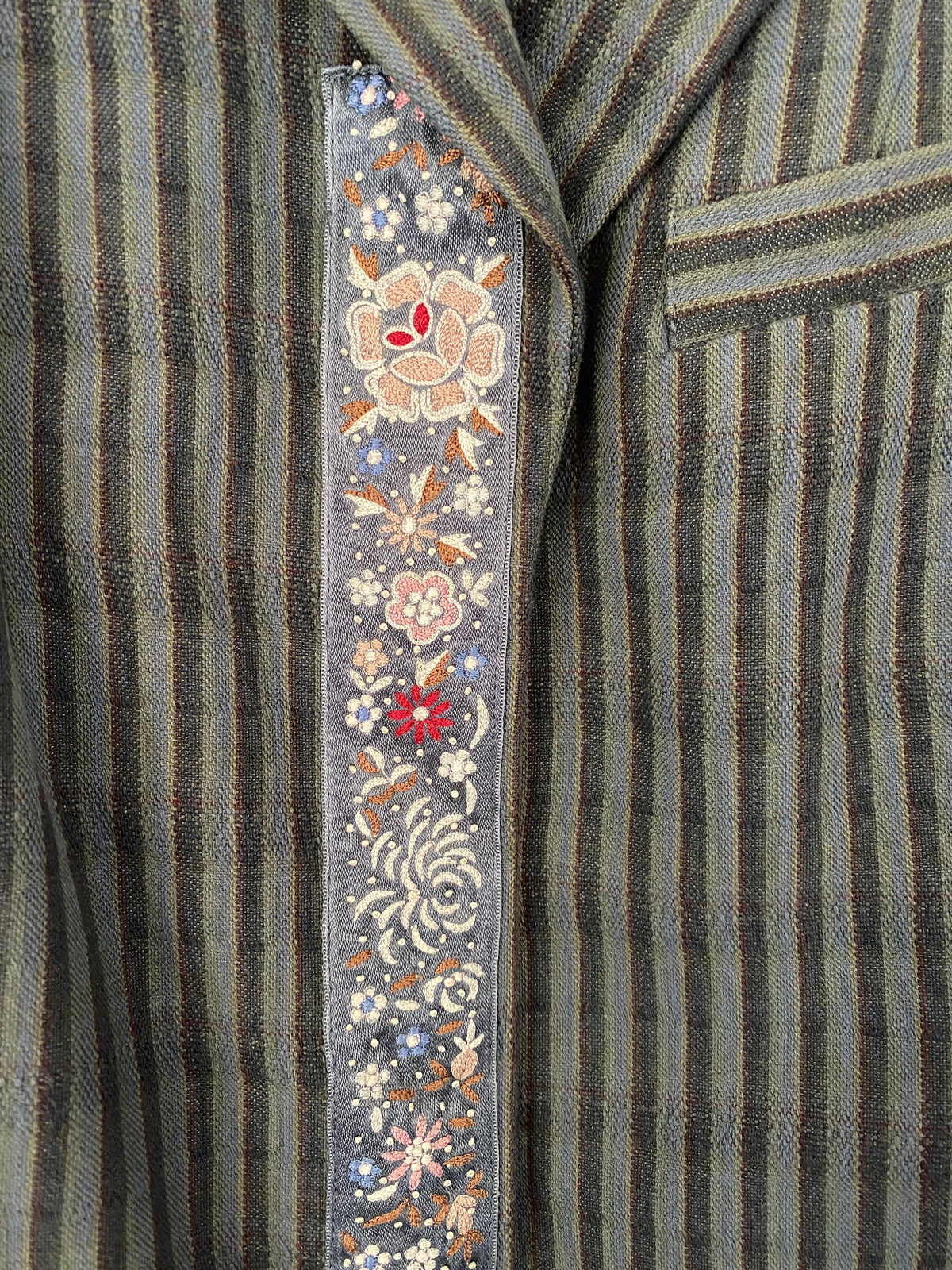 Kenzo Cotton Linen Mix Jacket Grey Blue Stripes with Floral Detail.  FR38 UK Size 8 - Ava & Iva