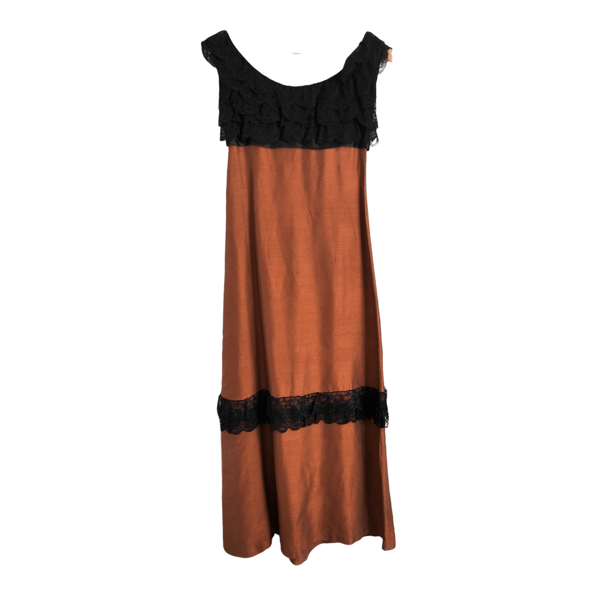 Renee Meneely Belfast Designer Vintage 50s Silk Sleeveless Evening Maxi Dress Gown Bronze w/ Black Lace S UK Size 6-8 - Ava & Iva