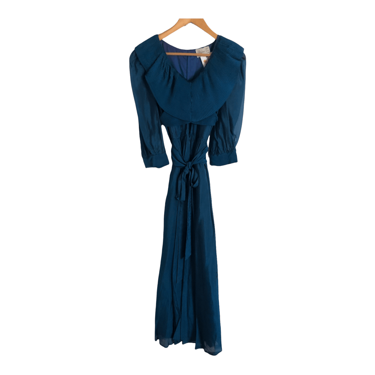 Regine London Vintage Long Sleeve Satin & Chiffon Evening Gown Maxi Dress Electric Blue UK Size 8 - Ava & Iva