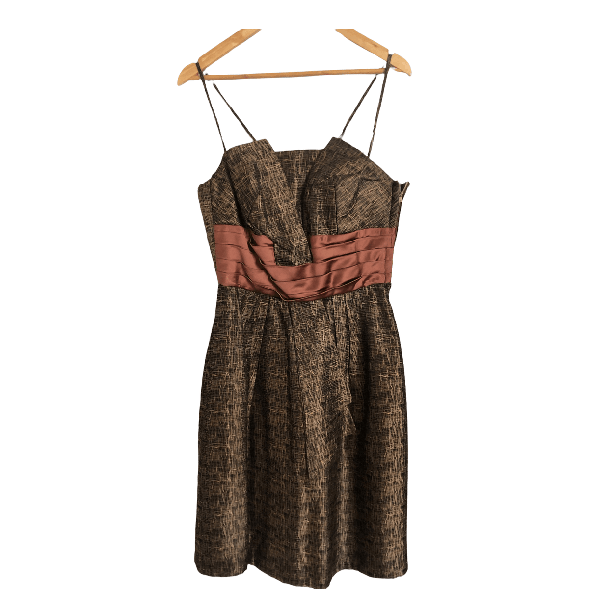 1950's Vintage Est. Polyester Sleeveless Evening Cocktail Dress Copper Brown Block Print UK Size 10 - Ava & Iva