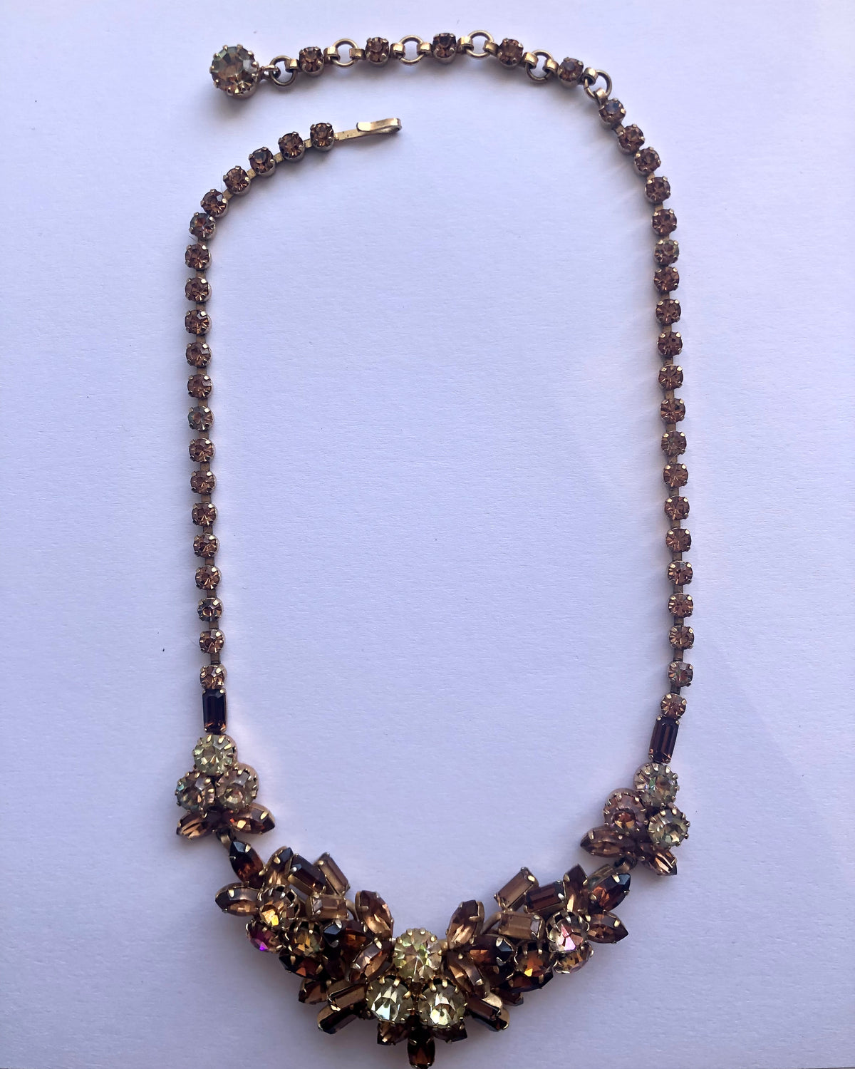 Vintage Amber Pale Yellow and Gold Tone Single Strand Floral Choker Necklet Necklace w/ Cut Zirconia Stones - Ava & Iva