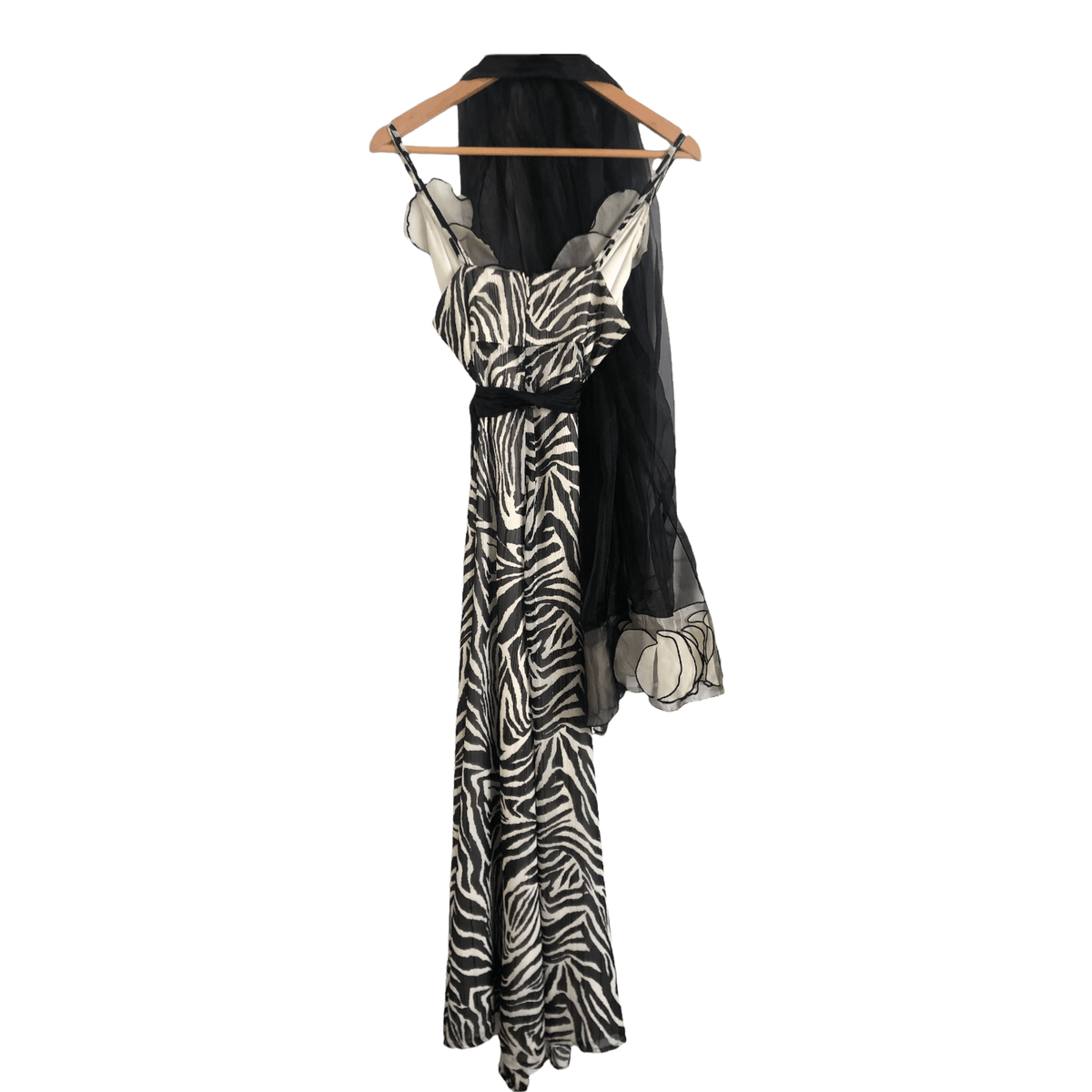 Oky-Coky 100% Silk Chiffon Sleeveless Maxi Dress w/ Sash & Shawl Black White Animal Print Size M - Ava & Iva
