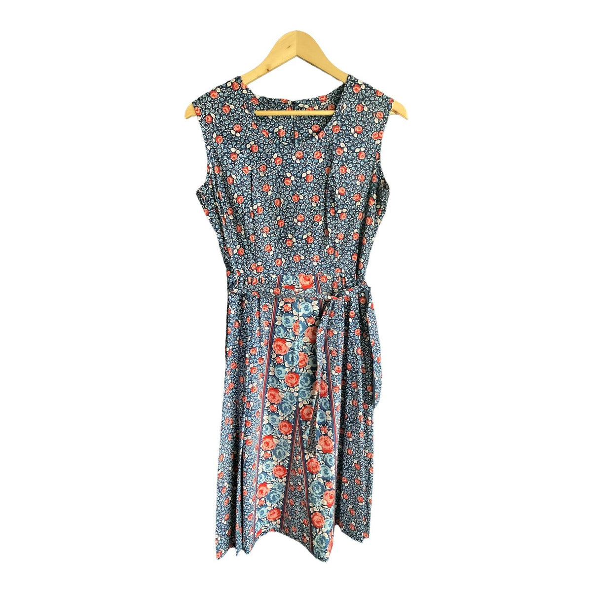 Vintage Cotton Blue And Pink Floral Sleeveless Dress UK Size 10 - Ava & Iva