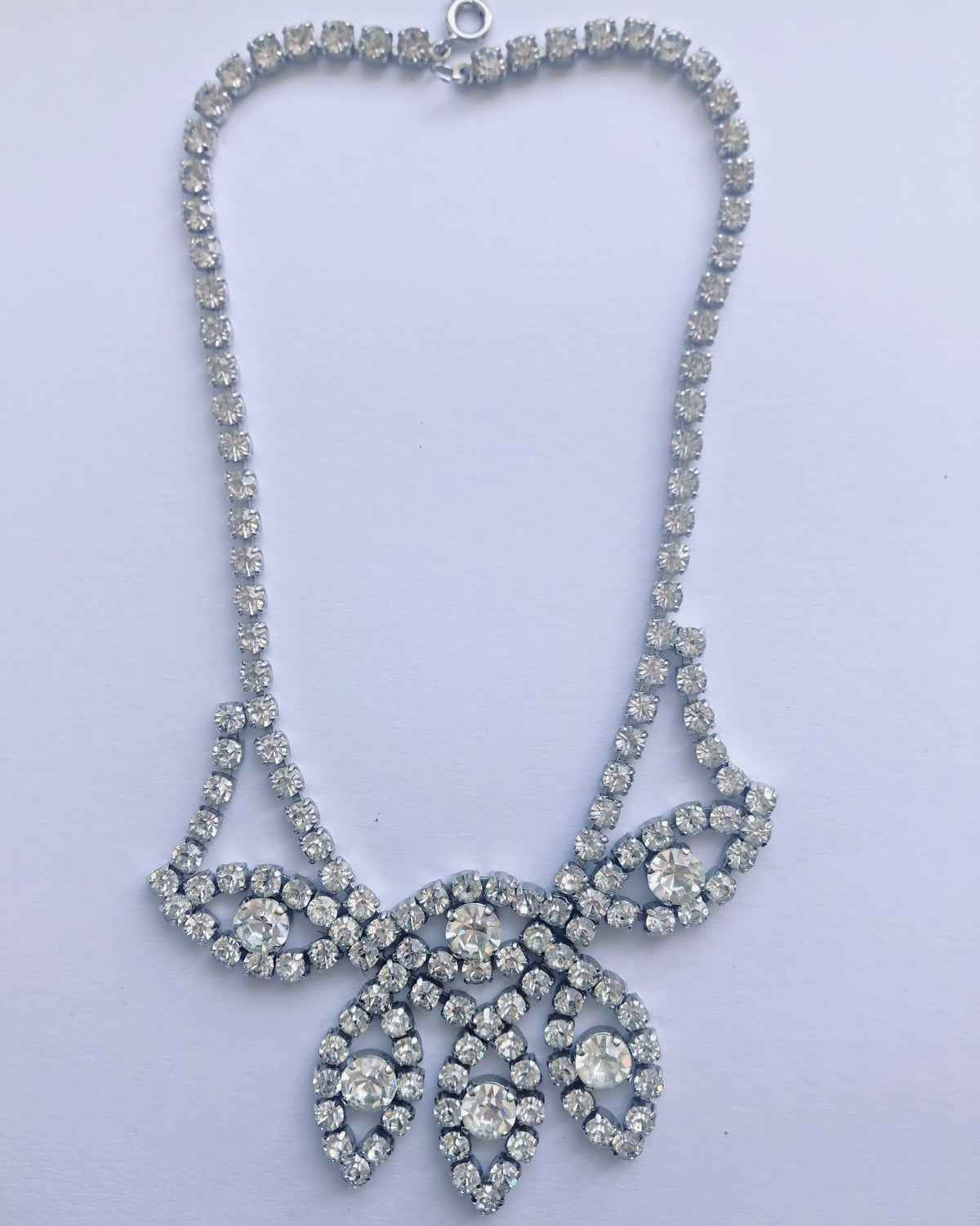 Vintage Silver Tone Single Strand Diamante Teardrop Drop Necklet Necklace w/ Cut Zirconia Stones - Ava & Iva