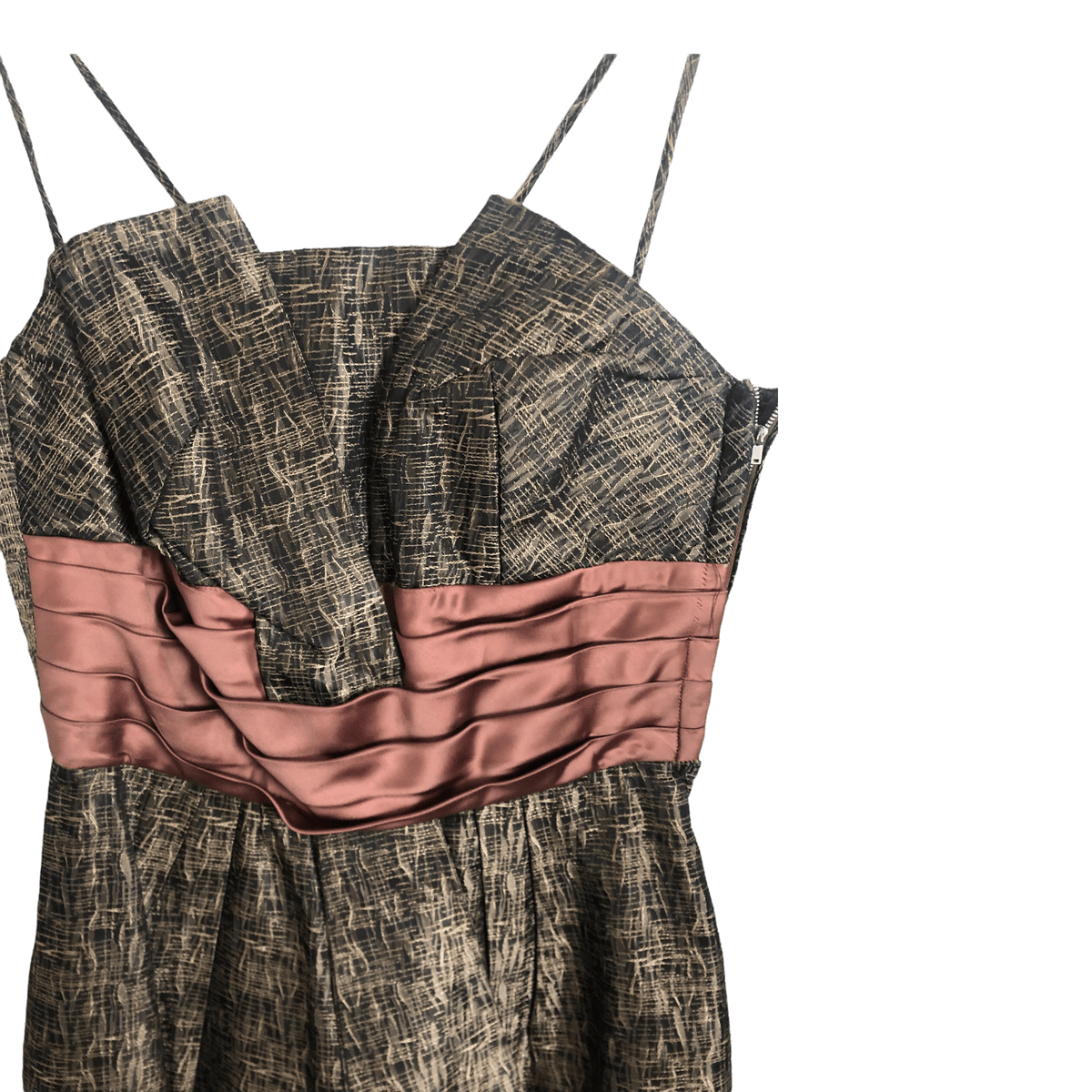 1950's Vintage Est. Polyester Sleeveless Evening Cocktail Dress Copper Brown Block Print UK Size 10 - Ava & Iva