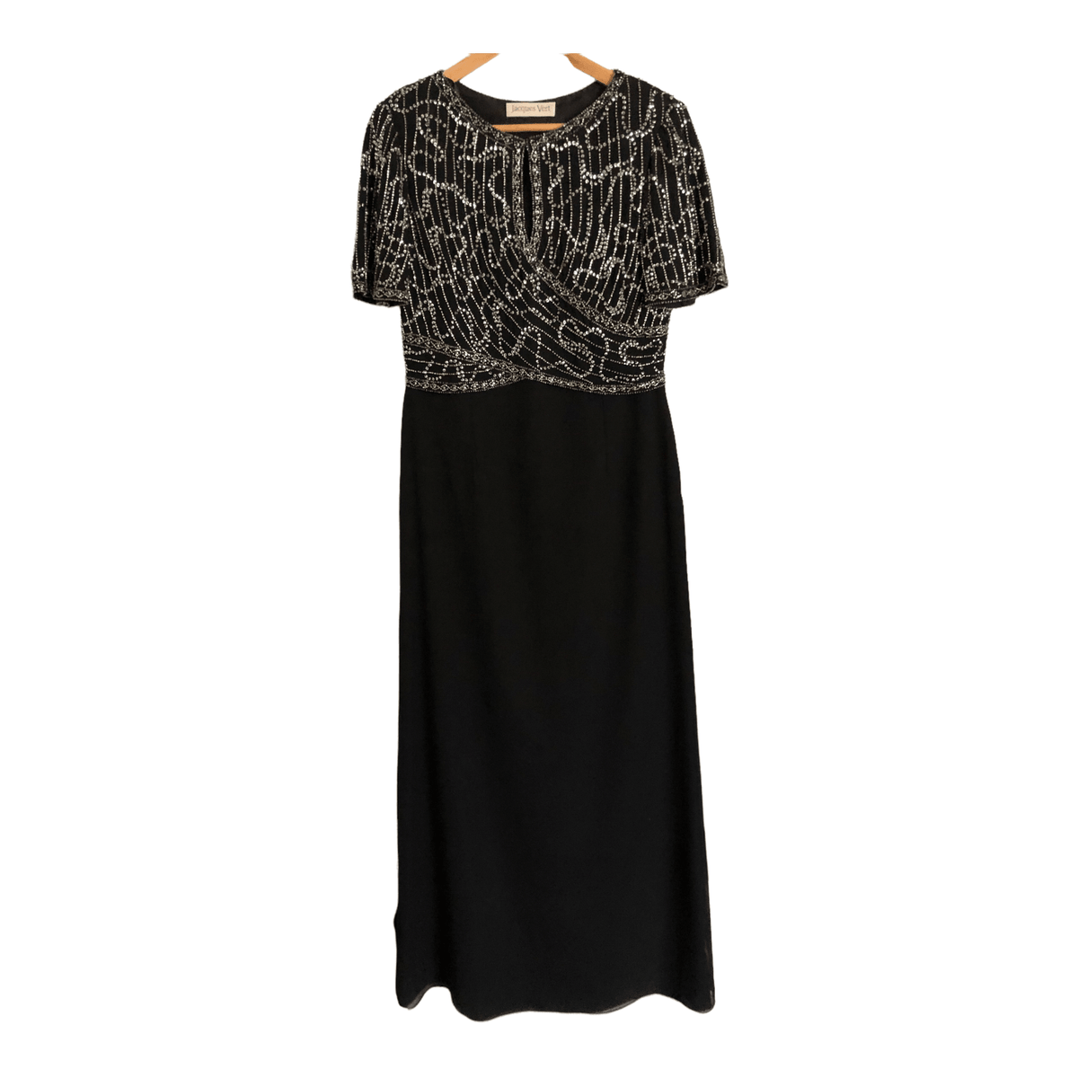 Jacques Vert Vintage Viscose Short Sleeve Evening Gown Maxi Dress Black Embellished UK Size 10-12 - Ava & Iva