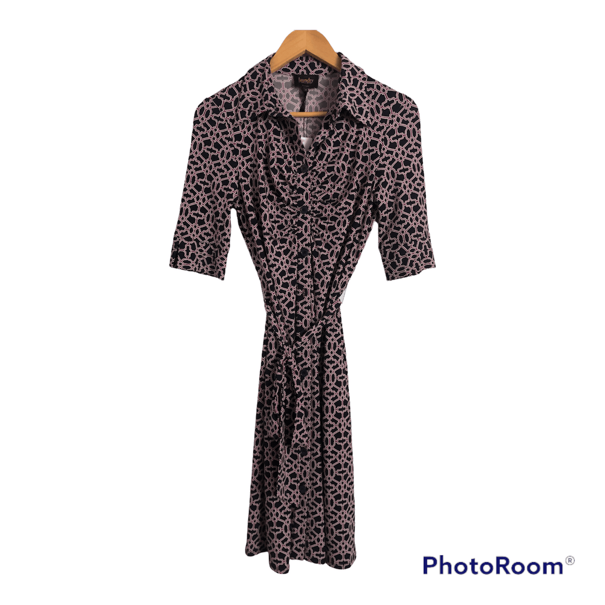 Laundry by Shelli Segal Polyester Blend Belted Shirt Dress Navy Blue / Multicoloured Geometric Print UK Size 8 - Ava & Iva