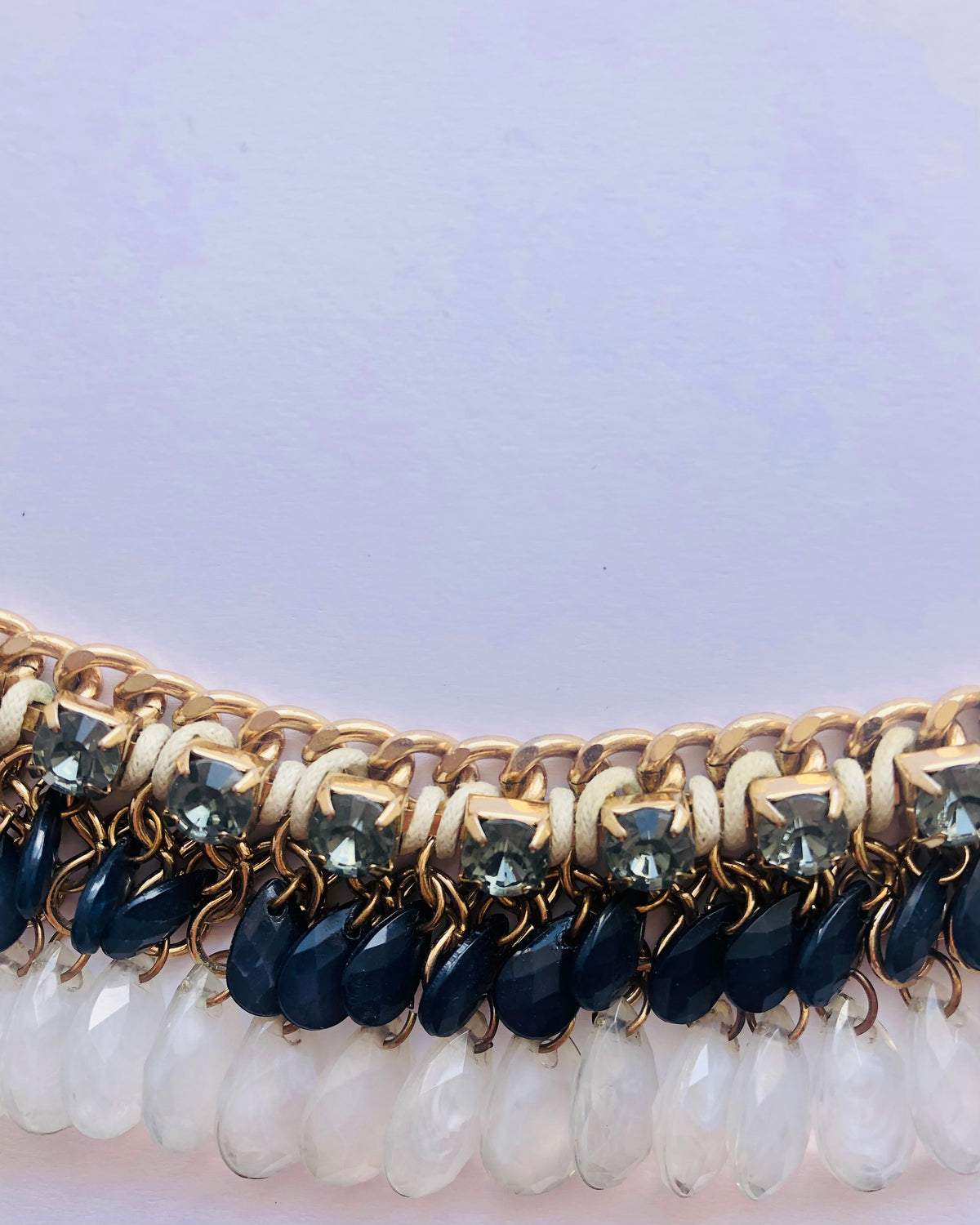 Vintage Navy Blue / Ivory White Crystal and Smoky Zirconia Gold Tone Curb Chain Drop Necklet Necklace - Ava & Iva