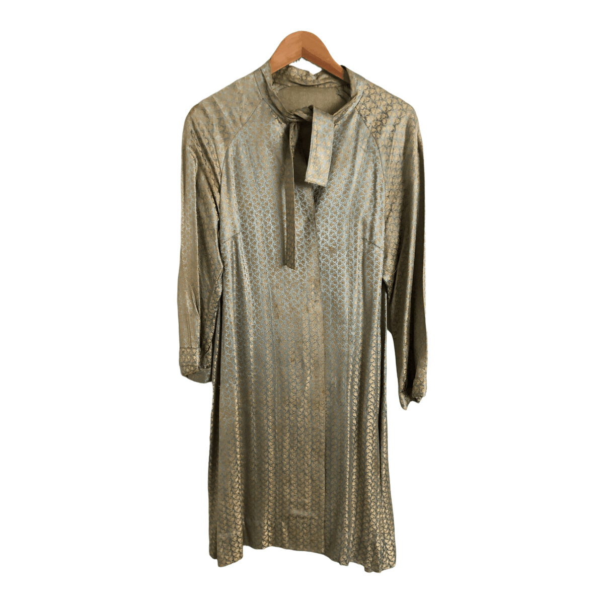 Unbranded Metallic Brocade Jacquard 3/4 Sleeve Tie-Neck Shift Dress Light Blue-Green Gold Floral Print UK Size 14 - Ava & Iva