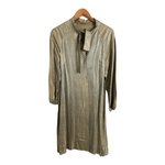 Unbranded Metallic Brocade Jacquard 3/4 Sleeve Tie-Neck Shift Dress Light Blue-Green Gold Floral Print UK Size 14 - Ava & Iva