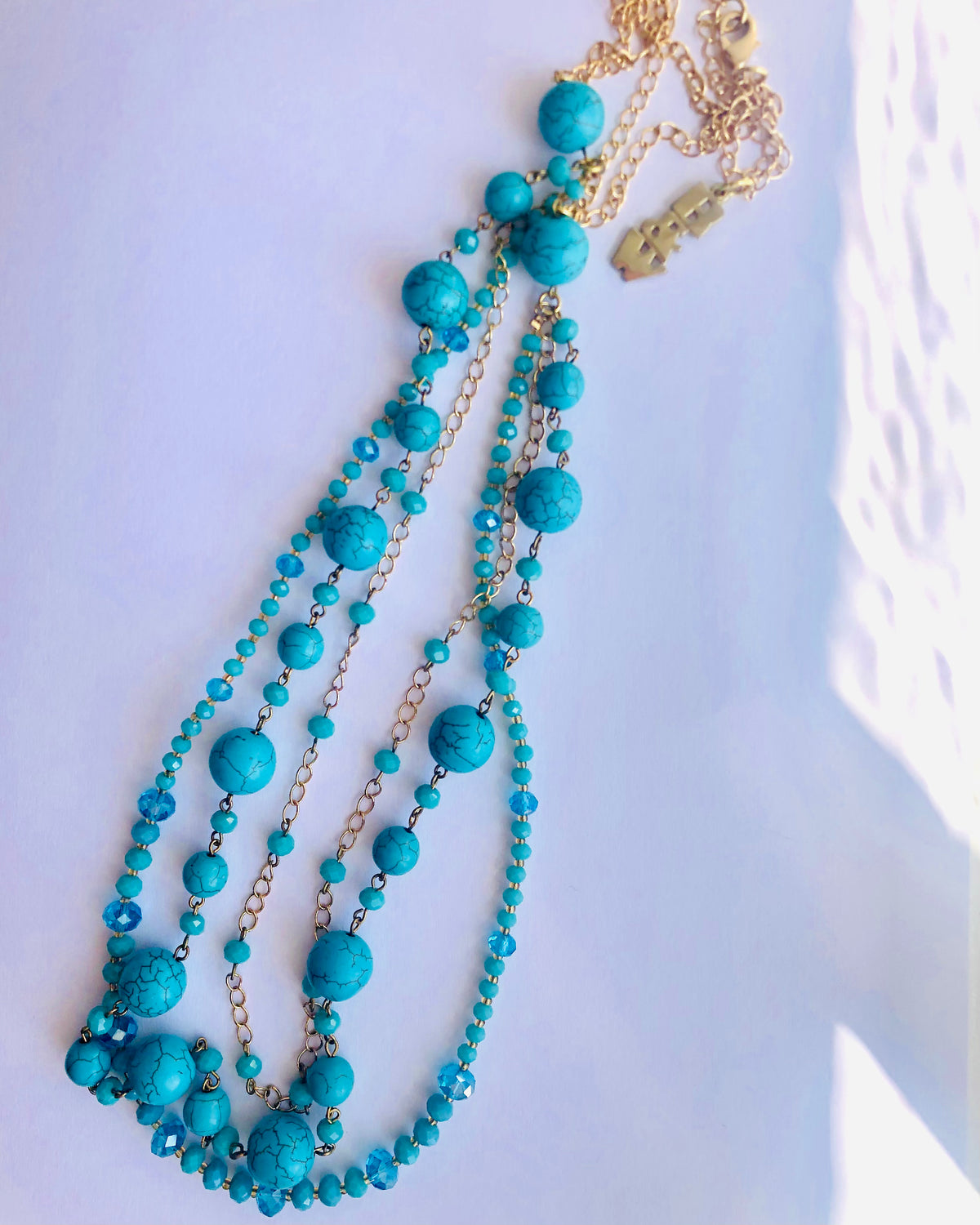 Butler and Wilson London Designer Turquoise and Aqua Blue Bead Three Strand Necklace - Ava & Iva