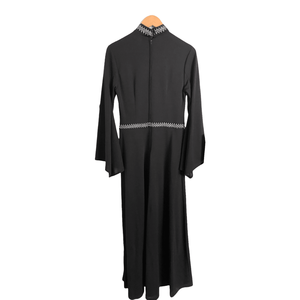 Unbranded Vintage Crimpolene Long Trumpet Sleeve Evening Gown Maxi Dress Black Silver Metallic Trim UK Size 8-10 - Ava & Iva