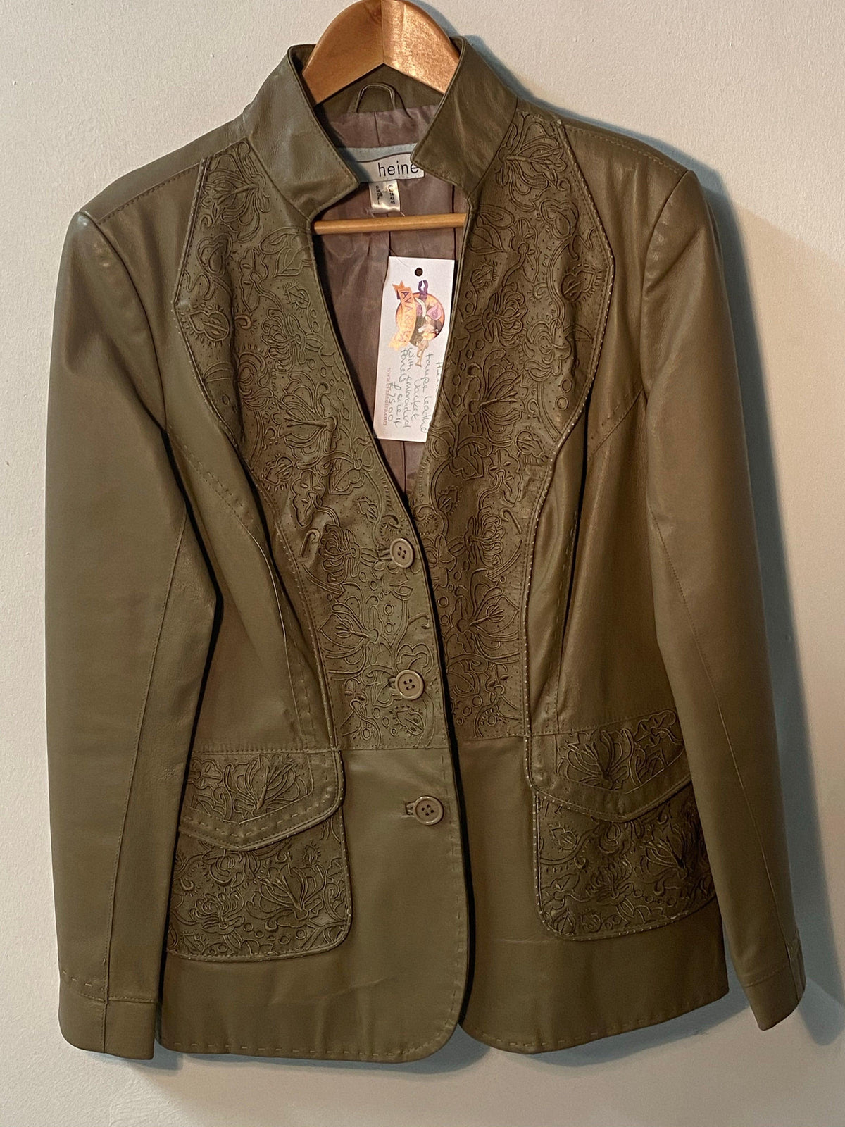 Heine Leather Jacket with Embroidered Panels & Pockets Taupe UK Size 14 - Ava & Iva