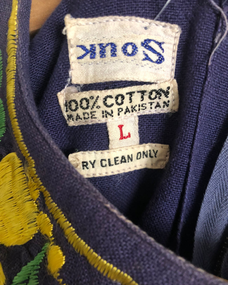 Souk Vintage Embroidered Cotton 3/4 Sleeve Kaftan Maxi Dress Purple Multi M/L - Ava & Iva