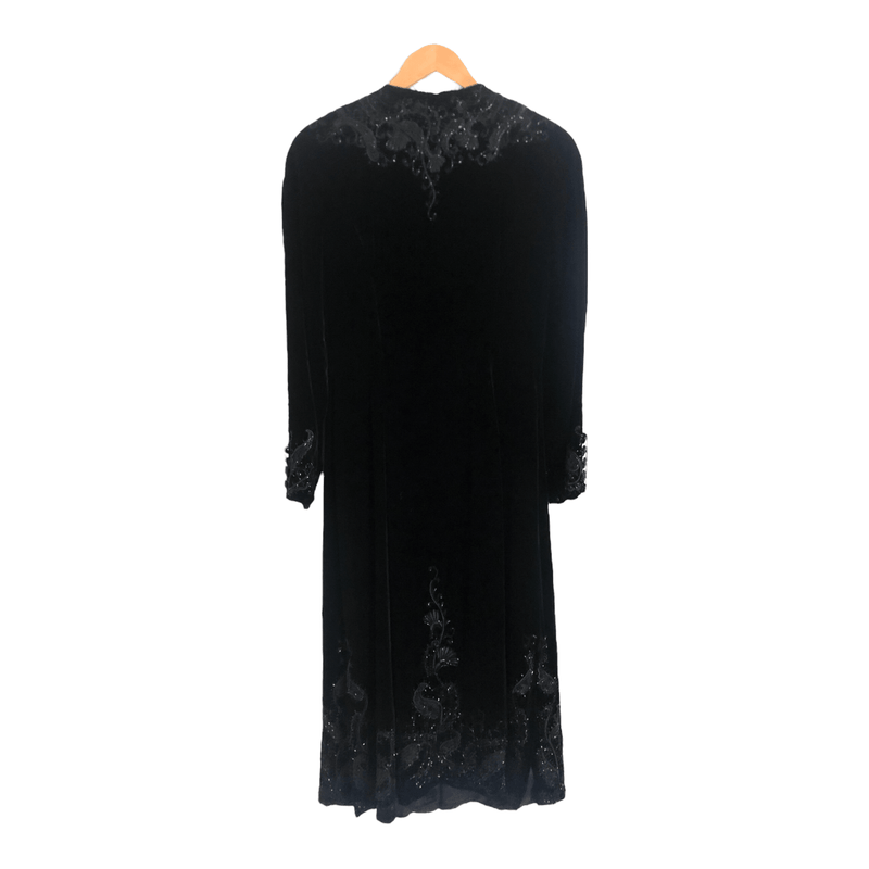 Carmen Marc Valvo Silk Velvet Long Sleeved Maxi Dress Coat Black Embroidered Embellished UK Size 10 - Ava & Iva