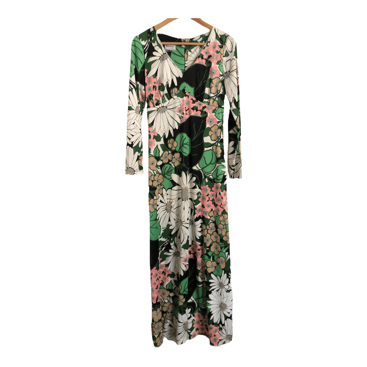 Benina London Vintage 7/8 Sleeve Maxi Dress Green Multi Floral Print UK Size 10-12 - Ava & Iva