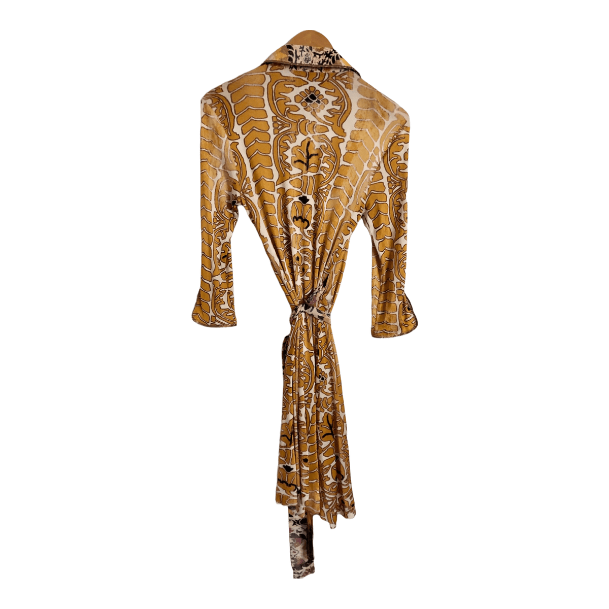 Roberto Cavalli CLASS Vintage Stretch Jersey 3/4 Sleeve Wrap Shirt Dress Yellow Ochre Multi Floral Print Size S - Ava & Iva