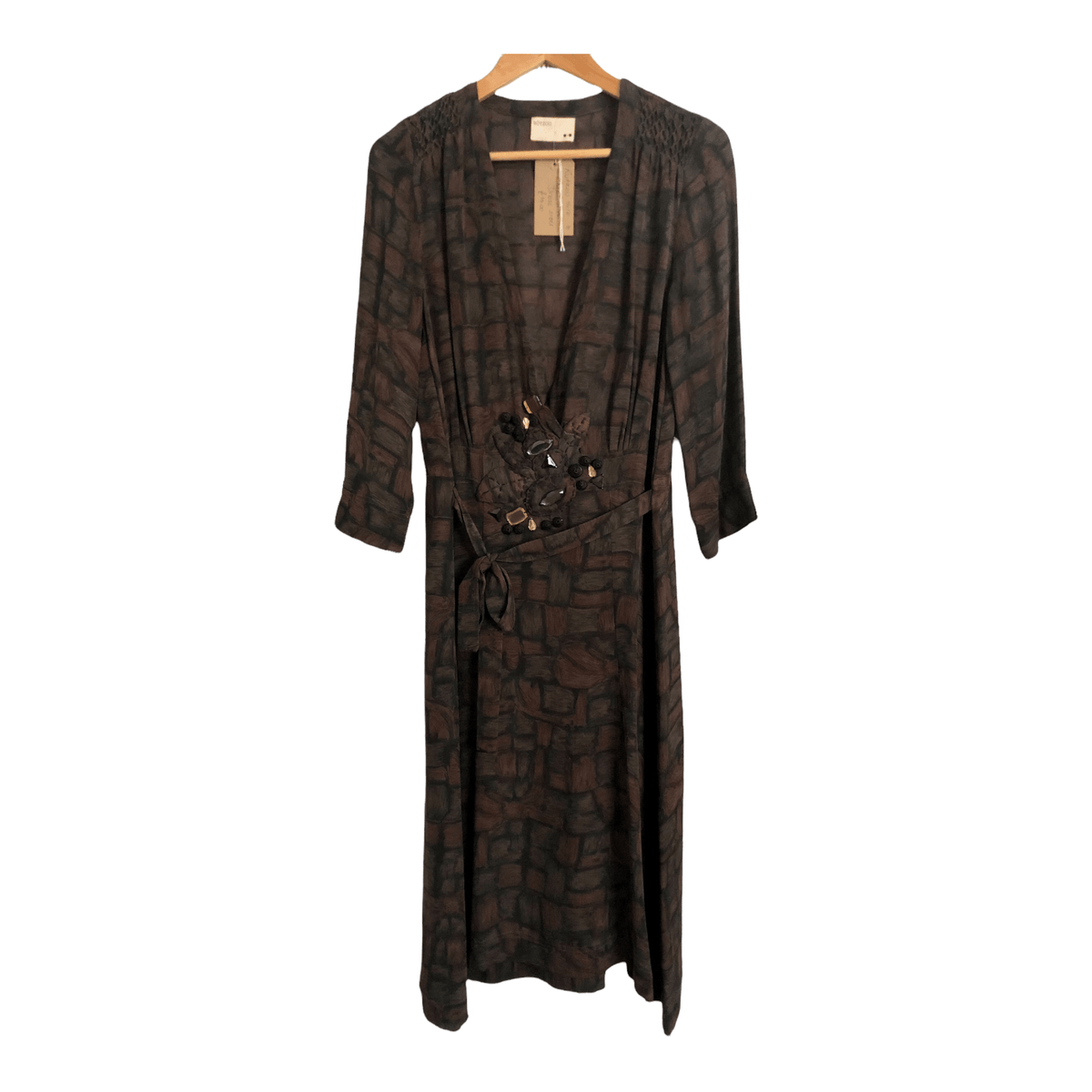 Rutzou Silk Half Sleeve Embroidered Midi Dress Brown Black Block Print UK Size 8 - Ava & Iva