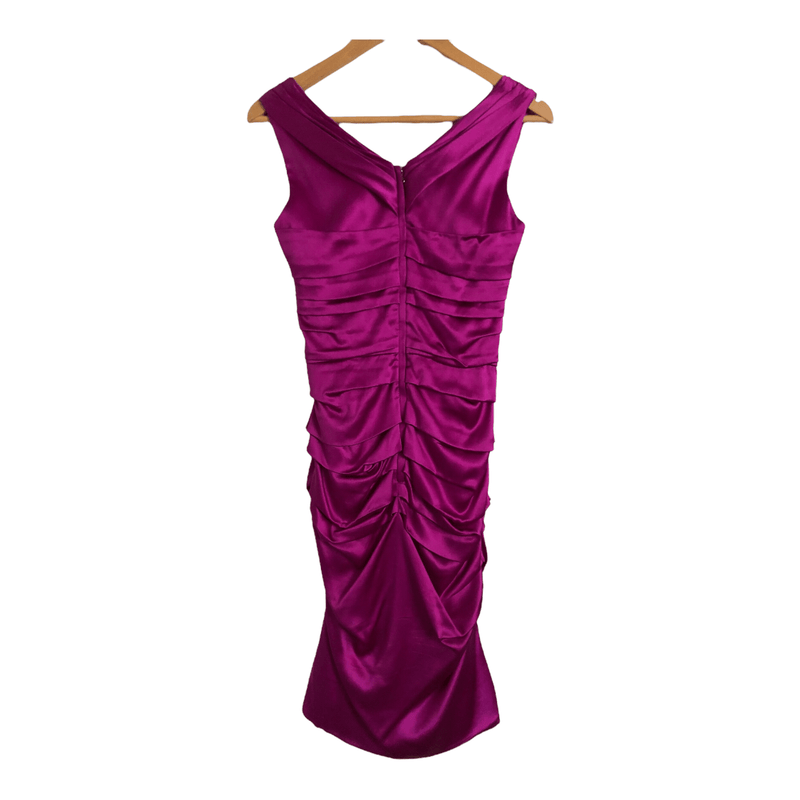 Dolce & Gabbana Designer Stretch Silk Sleeveless Ruched Cocktail Dress Fuchsia Purple UK Size 8 - Ava & Iva