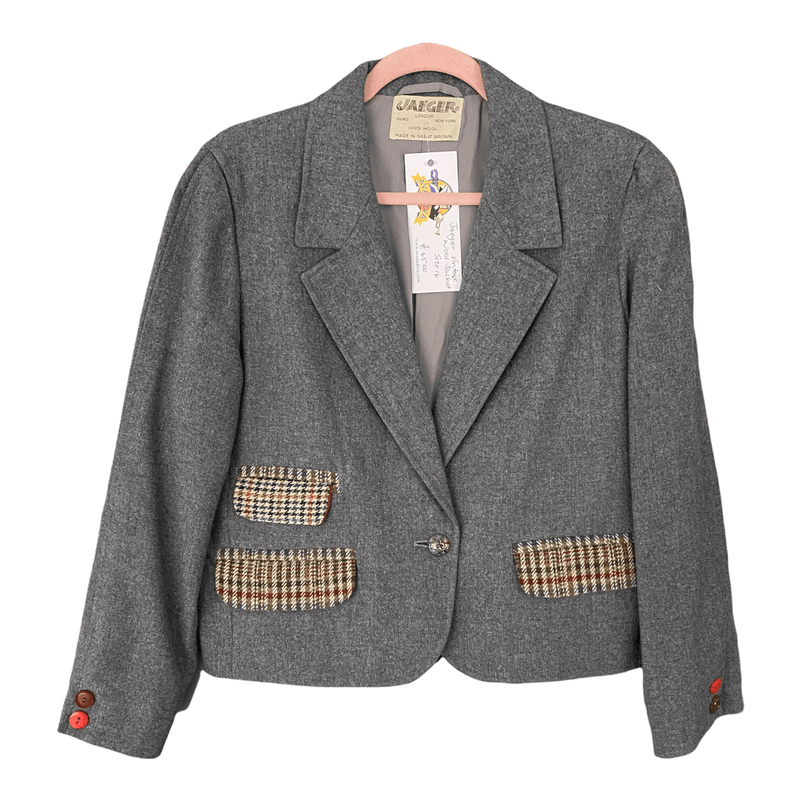 Jaeger Vintage Wool Single Breasted Jacket Grey with Tweed Detail UK Size 14 - Ava & Iva